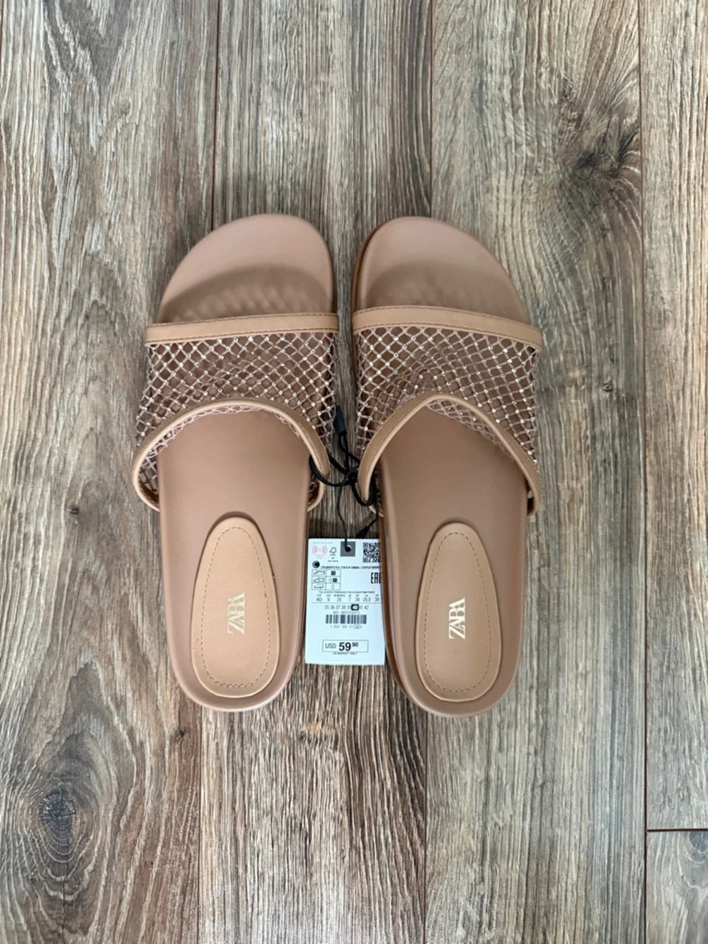 NWT Zara Tan Mesh Slide Sandals - Picture 1 of 3